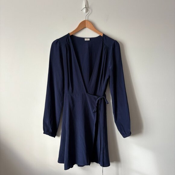 Aritzia Wilfred Silk Diane Wrap Mini Dress Long Sleeve Navy Blue Size Small - Picture 6 of 9